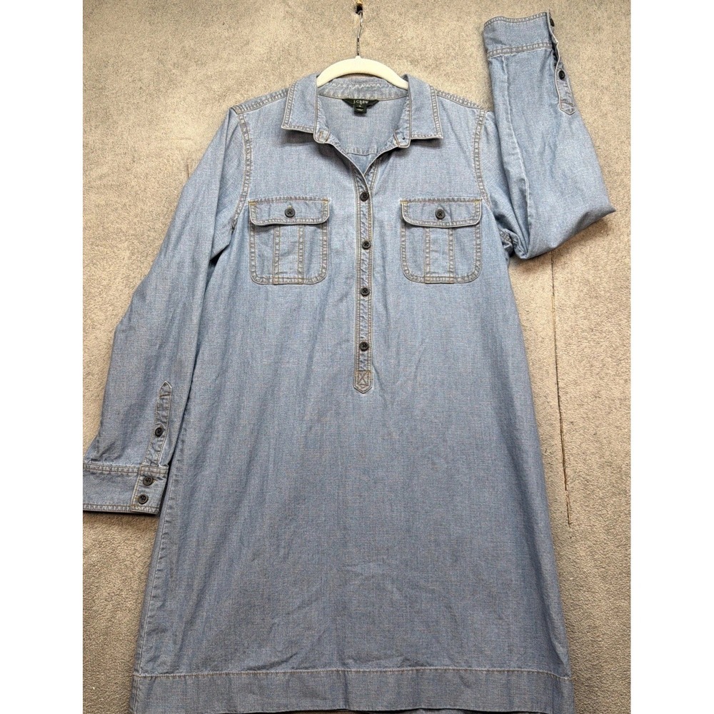 J Crew Chambray Shirt Dress Women's Medium Blue Long Sleeve Utility Casual